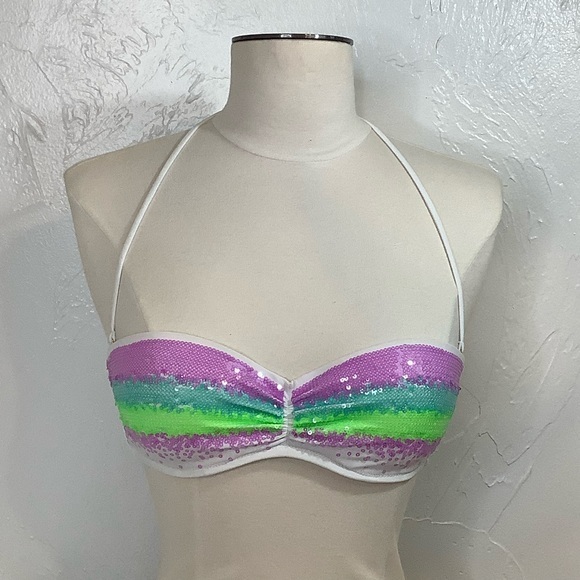 Victoria’s Secret Aqua Waves sequins bandeau strapless bikini top SZ 34B EUC - Picture 11 of 12